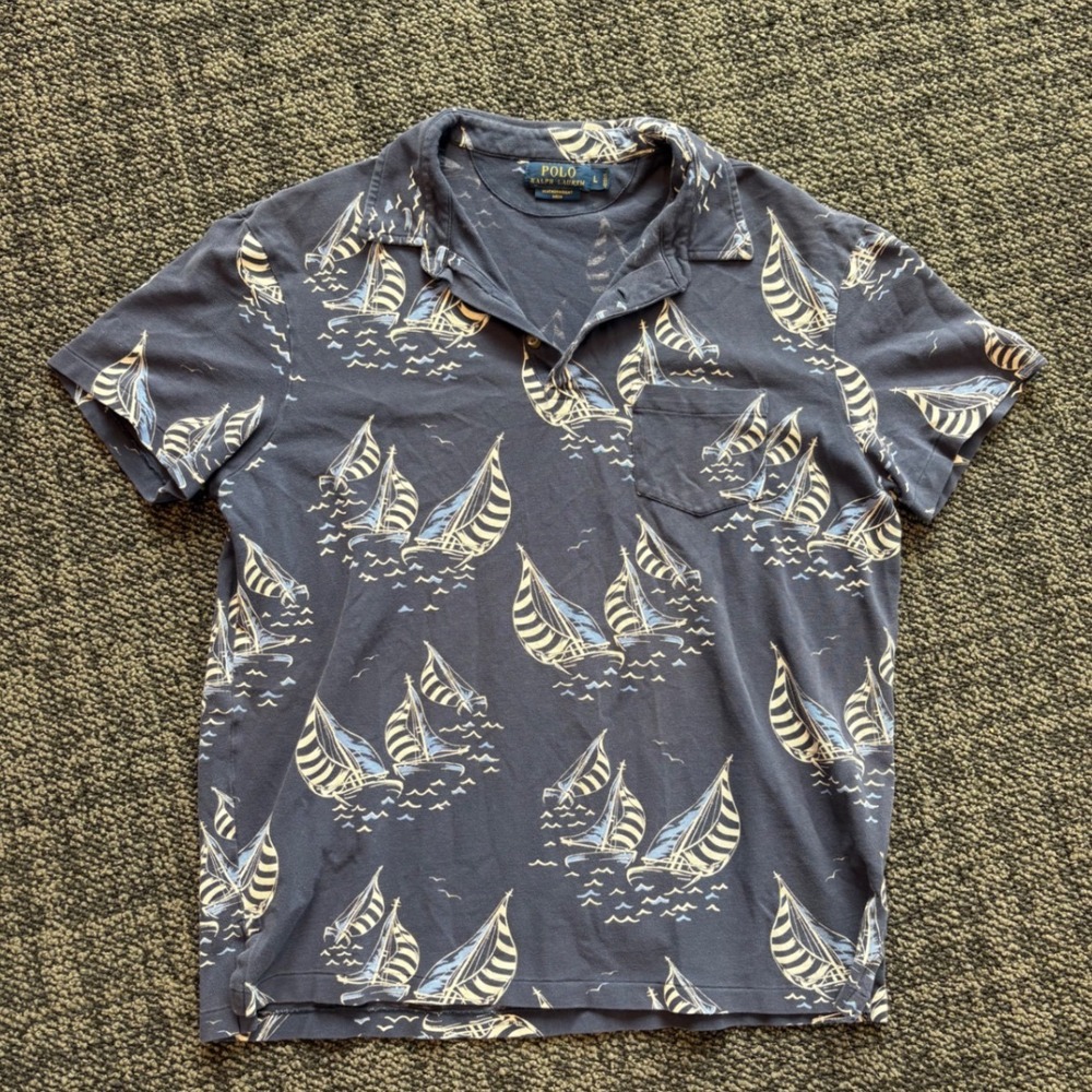 Polo Ralph Lauren Sailboat Print Featherweight Mesh Polo Shirt Navy Blue Mens L